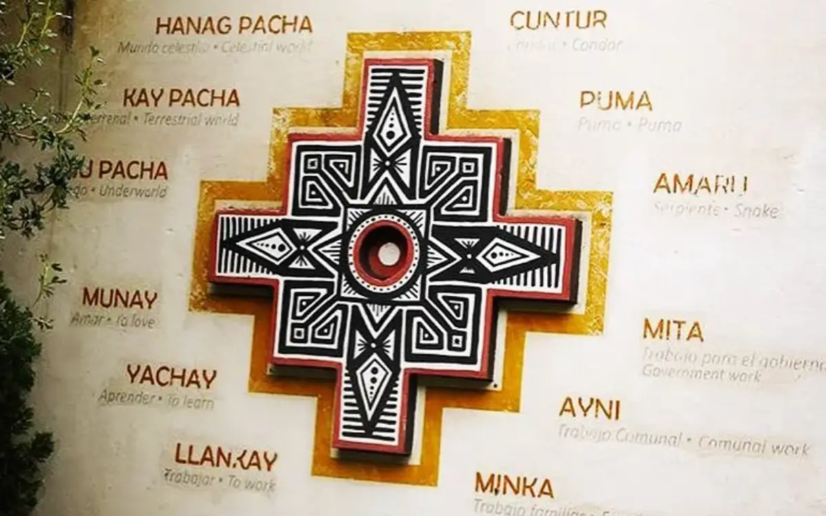 Chakana andina en una pared con referencias a Hanan Pacha, Kay Pacha, Uku Pacha y símbolos de la cosmovisión inca.