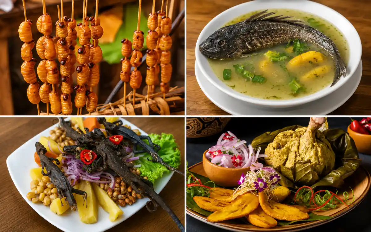 Collage de comidas exóticas de Perú con platos amazónicos, ingredientes tradicionales y preparaciones poco comunes.