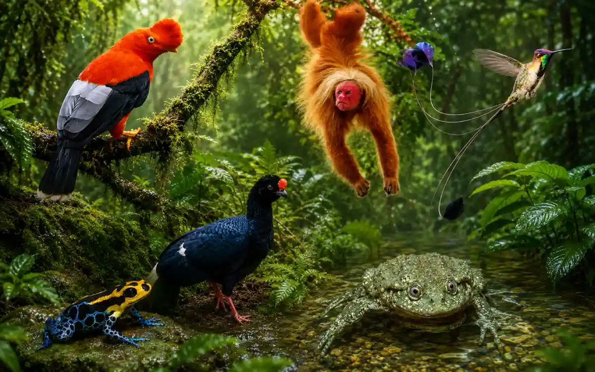 Collage de especies endémicas del Perú en la selva, con gallito de las rocas, mono, colibrí, rana y ave silvestre.