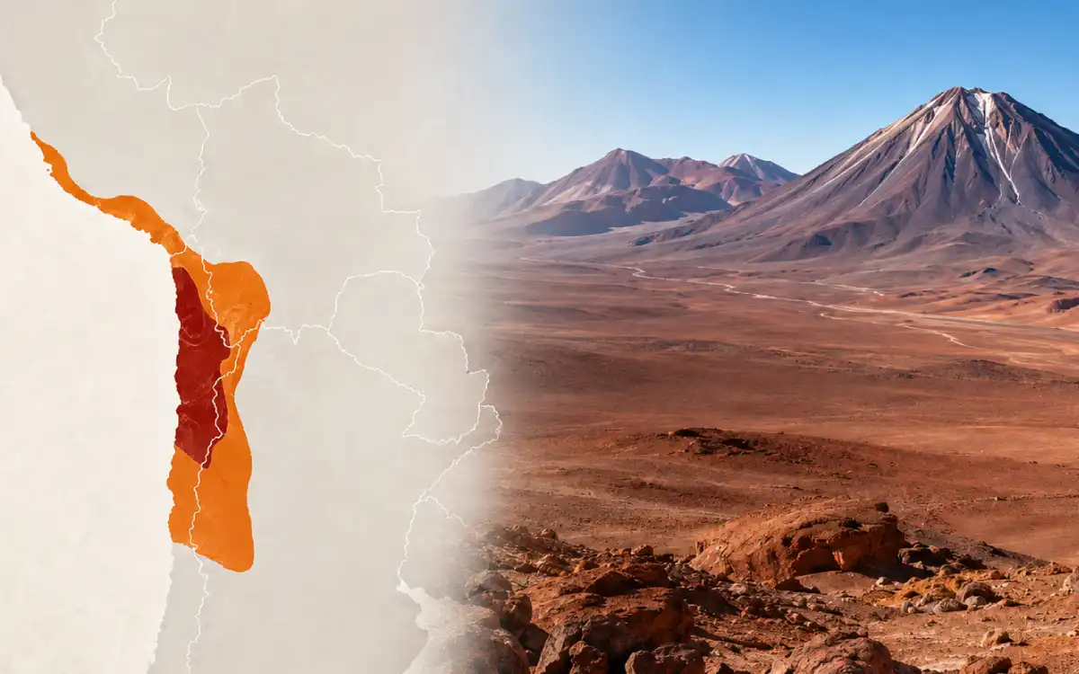 Collage con mapa de Sudamérica que resalta la ubicación del desierto de Atacama