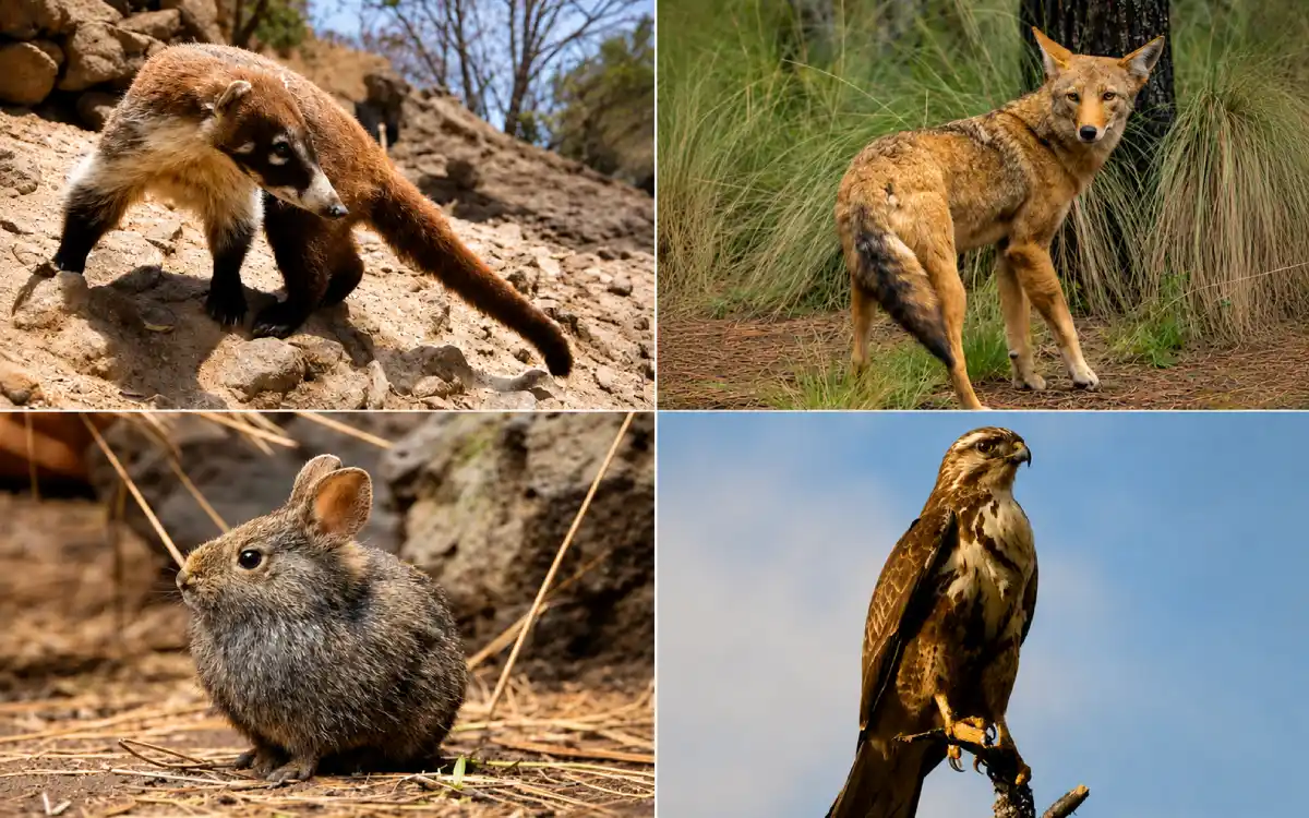 Collage de fauna del Parque Nacional Iztaccíhuatl-Popocatépetl con coatí, coyote, teporingo y ave rapaz.
