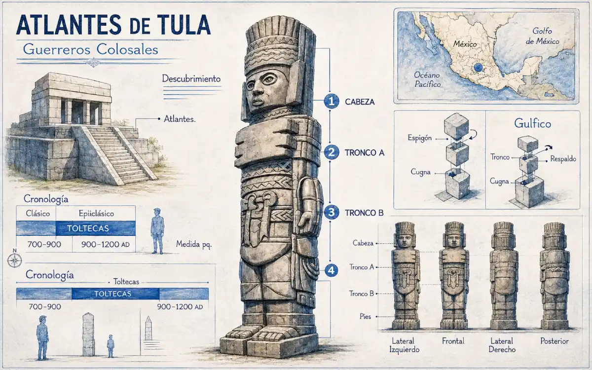 Infografía de los Atlantes de Tula con partes de la escultura, cronología tolteca, mapa de ubicación y vistas laterales.