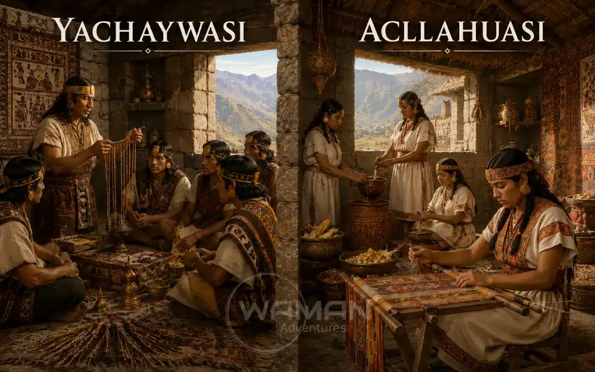 Ilustración realista del Yachaywasi y Acllahuasi, dos centros de formación inca
