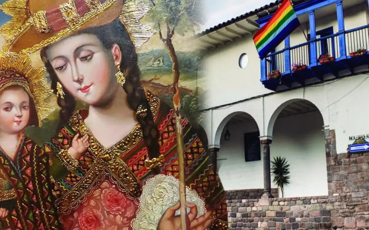 Ilustración de una virgen con su bebé junto a una fachada de un museos en Cusco