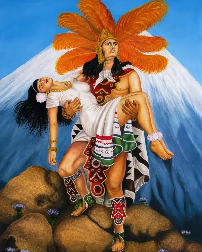 Ilustración de un guerrero cargando a una princesa frente al volcán Popocatépetl nevado.