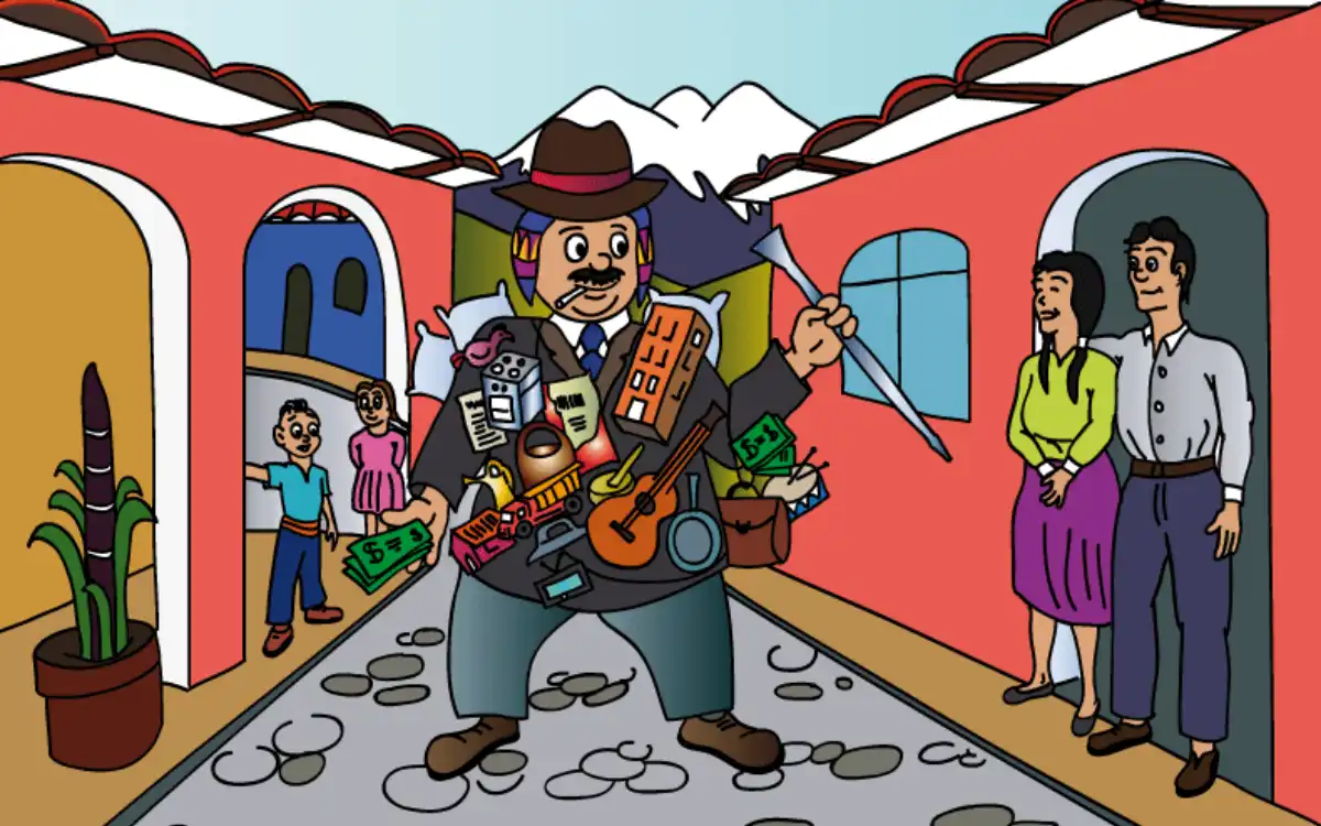Imagen animada de la leyenda del Ekeko, con un personaje andino cargado de objetos caminando por una calle tradicional.