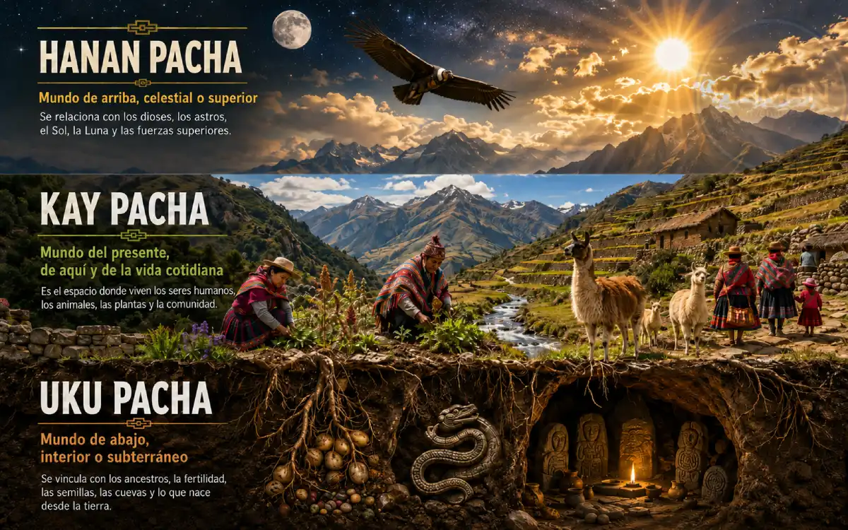 Infografía de los tres mundos andinos Hanan Pacha, Kay Pacha y Uku Pacha