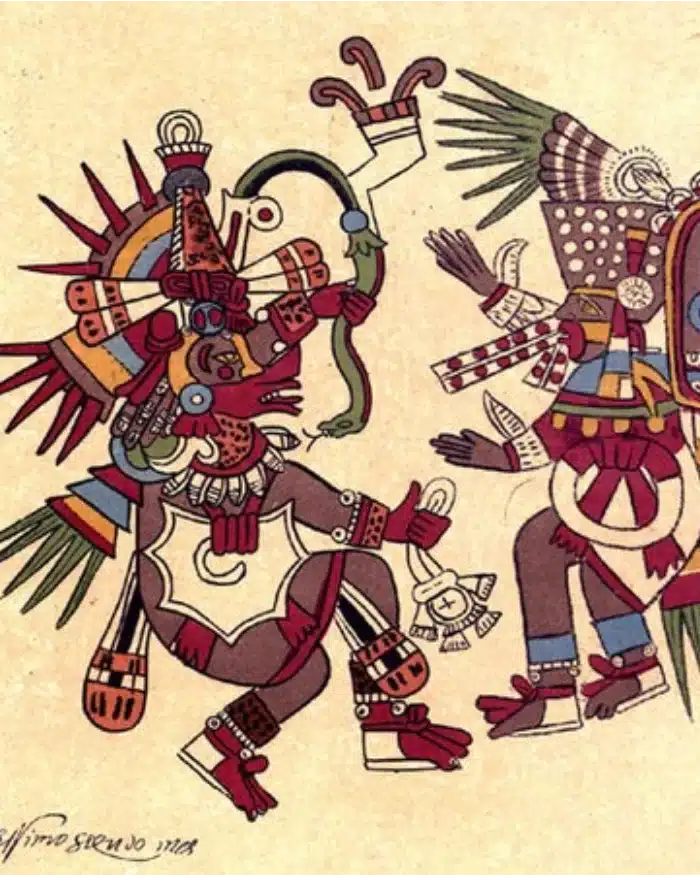 Representación de Quetzalcóatl en estilo códice mesoamericano, con atributos ceremoniales y colores propios del arte prehispánico