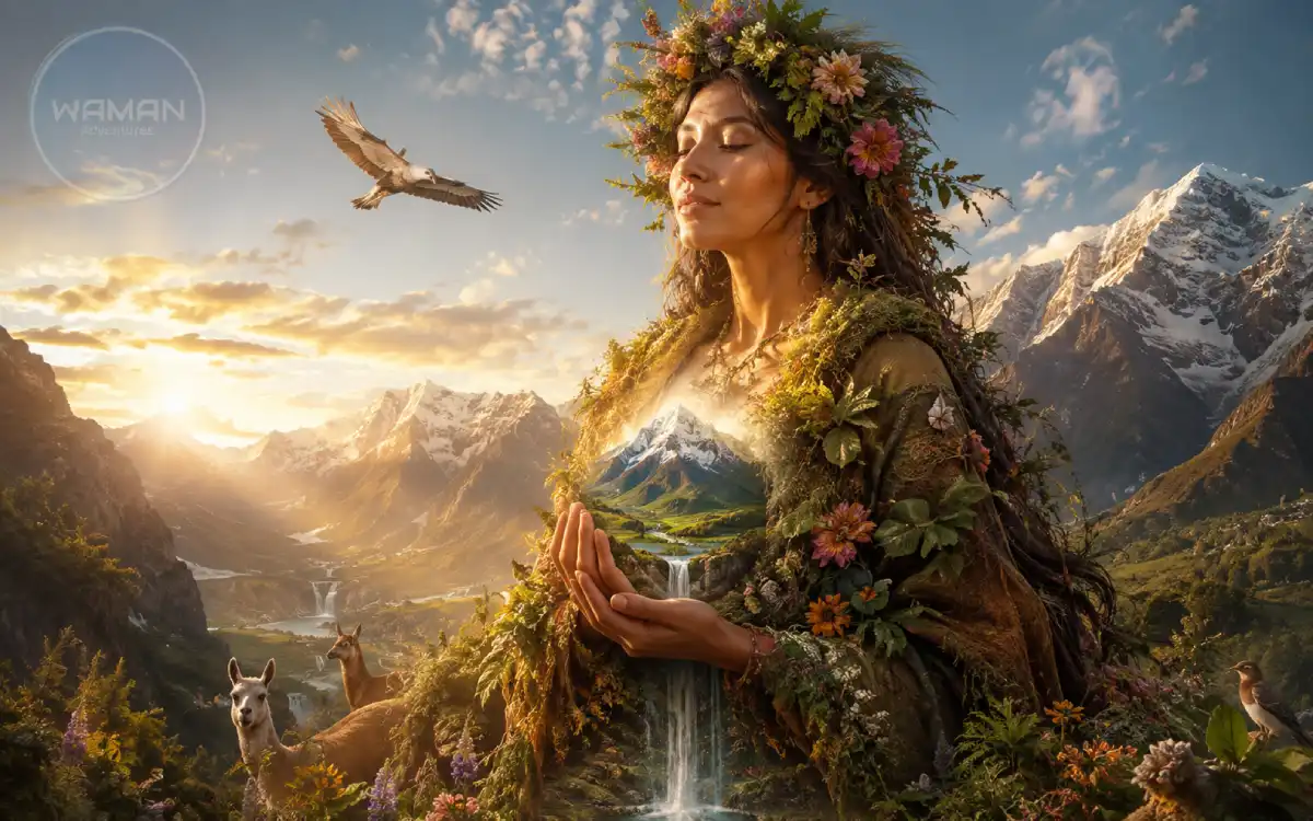 Representación realista de la Pachamama con montañas nevadas, naturaleza andina, camélidos