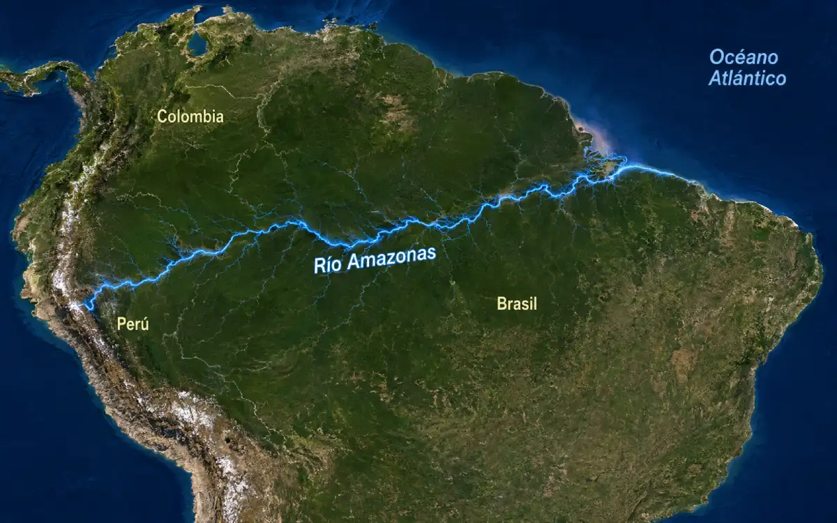 Mapa satelital mostrando el recorrido del sistema del río Amazonas a través de Sudamérica