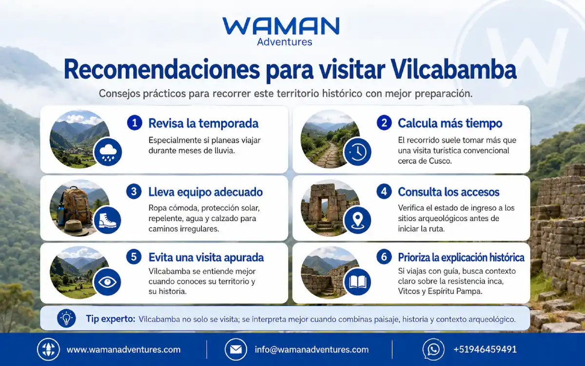 Infografía con recomendaciones para visitar Vilcabamba, incluyendo temporada, tiempo de ruta, equipo adecuado y accesos