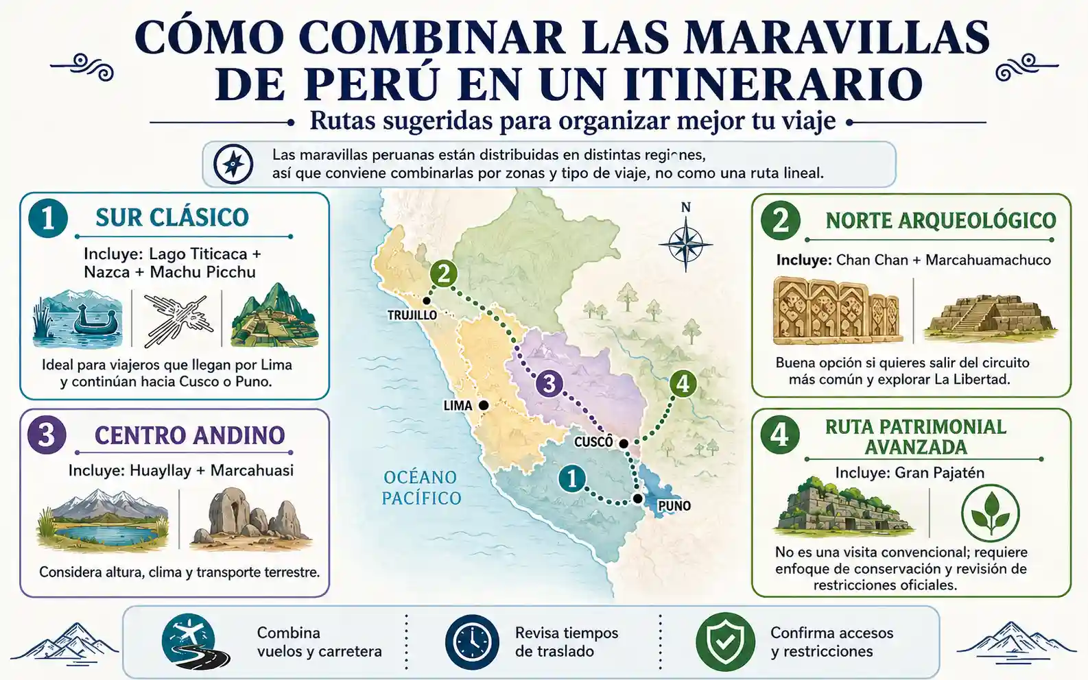 Infografía con mapa del Perú y rutas sugeridas