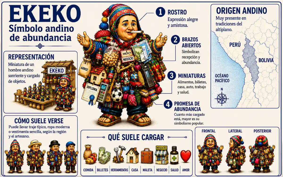 Infografía sobre los elementos del Ekeko, símbolo andino de abundancia,