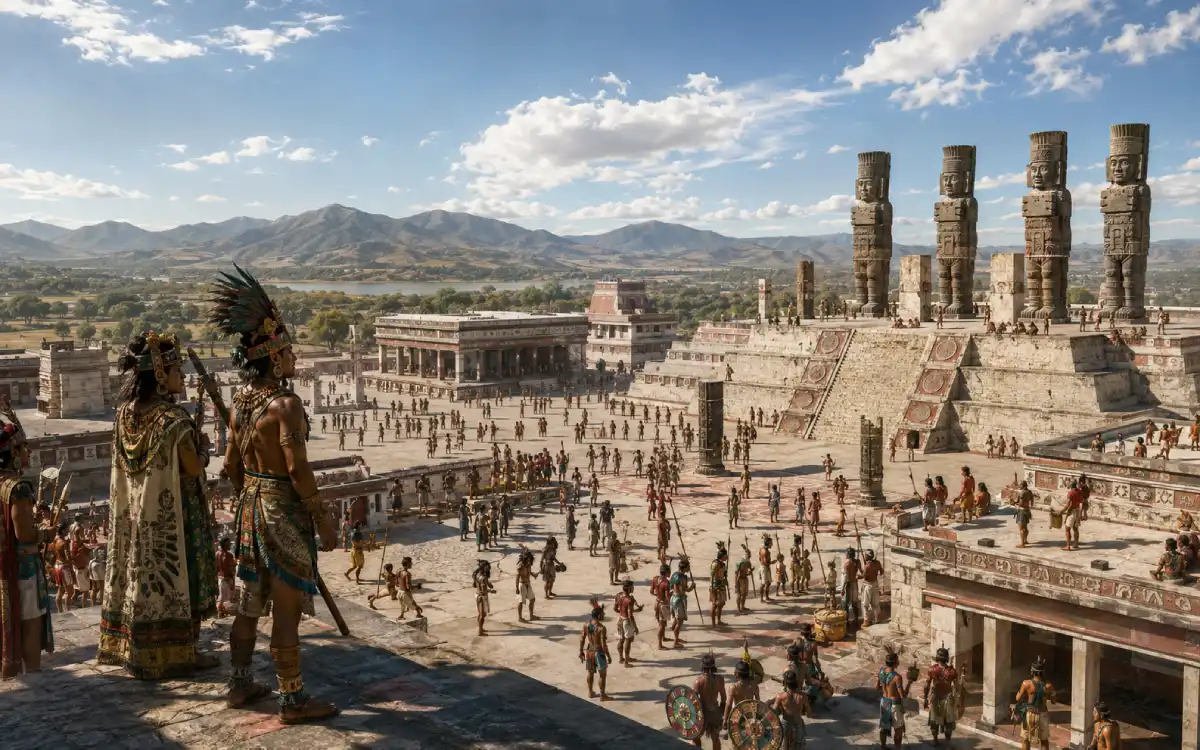 Ilustración de Tollan-Xicocotitlán con templos, plazas ceremoniales, guerreros toltecas y los Atlantes de Tula sobre la pirámide.