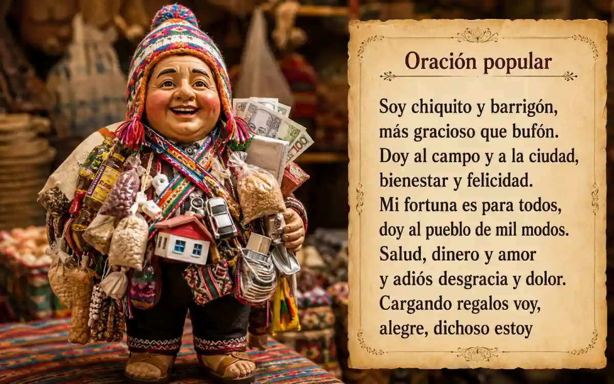 Muñeco del Ekeko con miniaturas y oración popular al costado