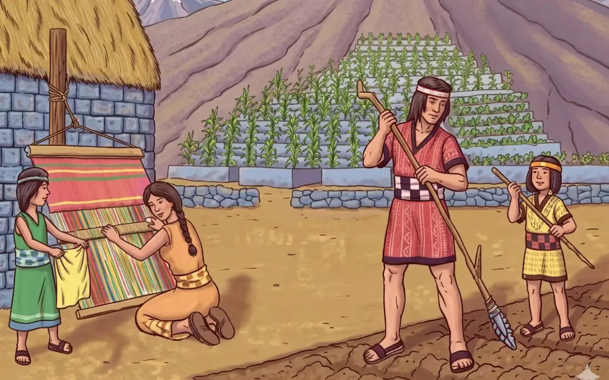 Ilustración de niños en la época inca realizando labores agrícolas y textiles