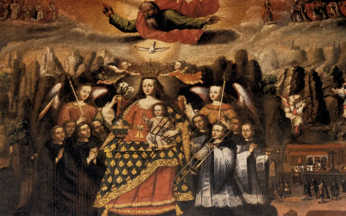 Pintura hispánica de la escuela cusqueña de arte con una virgen coronada,