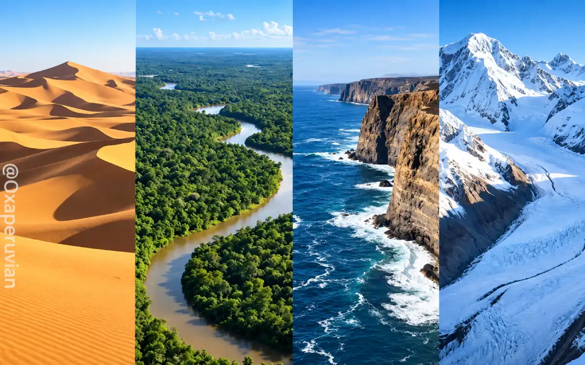 Collage de paisajes del Perú con desierto, selva, costa y montañas nevadas