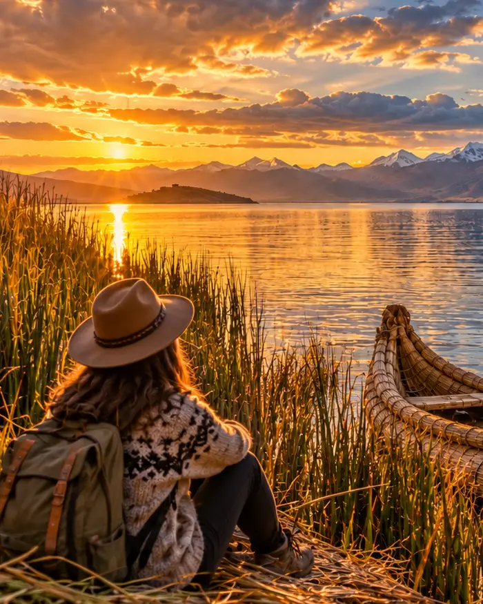 Una viajera contempla el lago Titicaca al atardecer junto a una embarcación tradicional de totora.