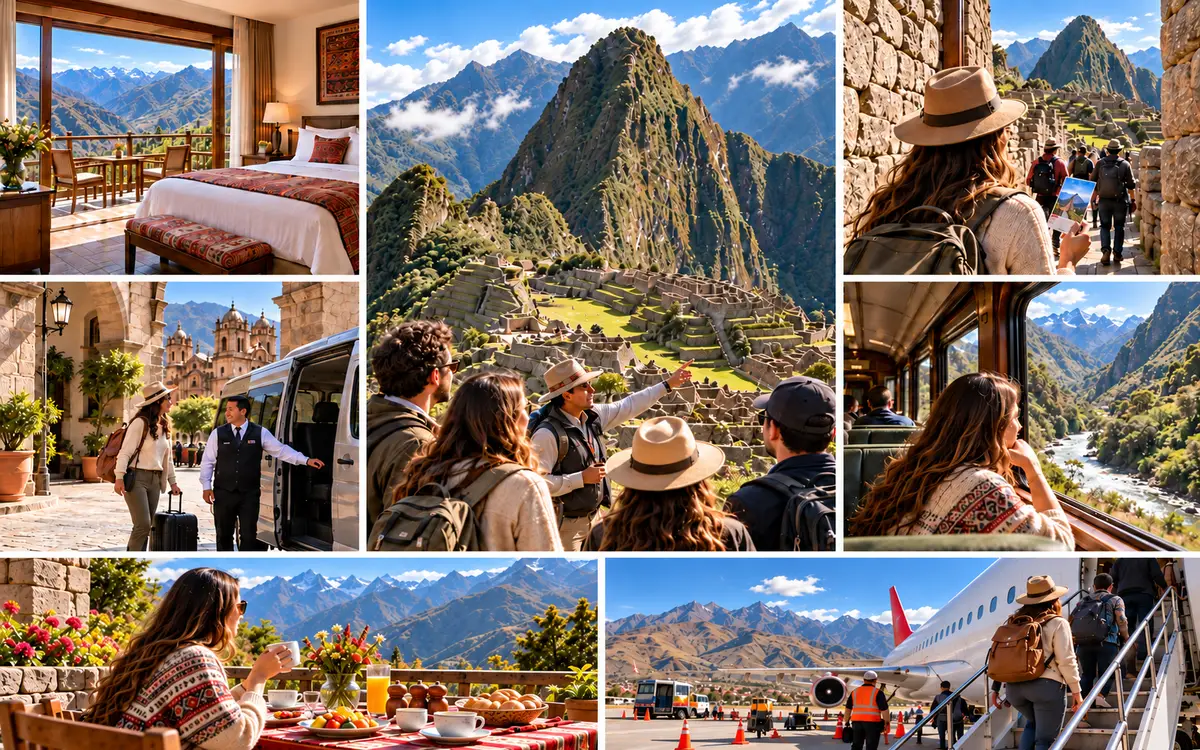 Una viajera aparece en diferentes momentos del recorrido, combinando hotel, transporte, Machu Picchu, tren y alimentación.