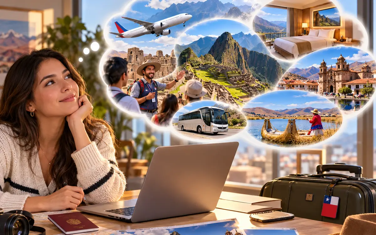 Una viajera revisa mapas y fotografías mientras evalúa diferentes alternativas para conocer Machu Picchu, Cusco y el lago Titicaca.