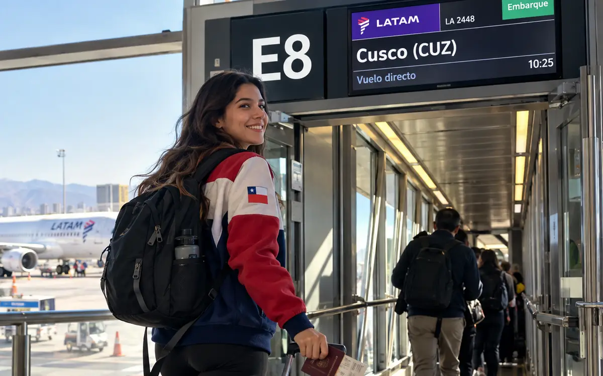 Una viajera sonríe antes de abordar el vuelo que la llevará directamente hasta Cusco.