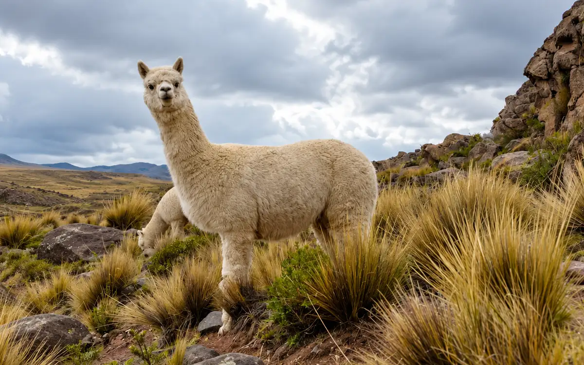 Alpaca Huacaya blanca con fibra densa y esponjosa entre pastizales altoandinos
