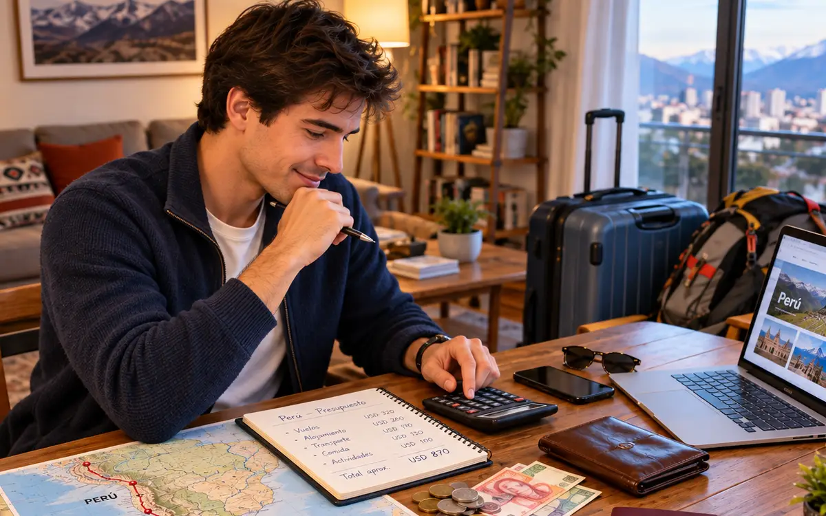 Entre mapas, dinero y una calculadora, un turista analiza cuánto cuesta viajar a Perú desde Chile según su presupuesto.