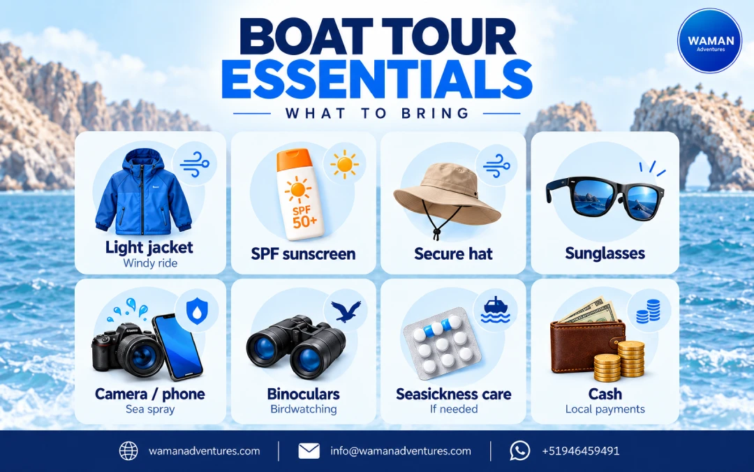 Infographic showing boat tour essentials, including a light jacket, sunscreen, secure hat, sunglasses, camera, binoculars, seasickness care and cash.