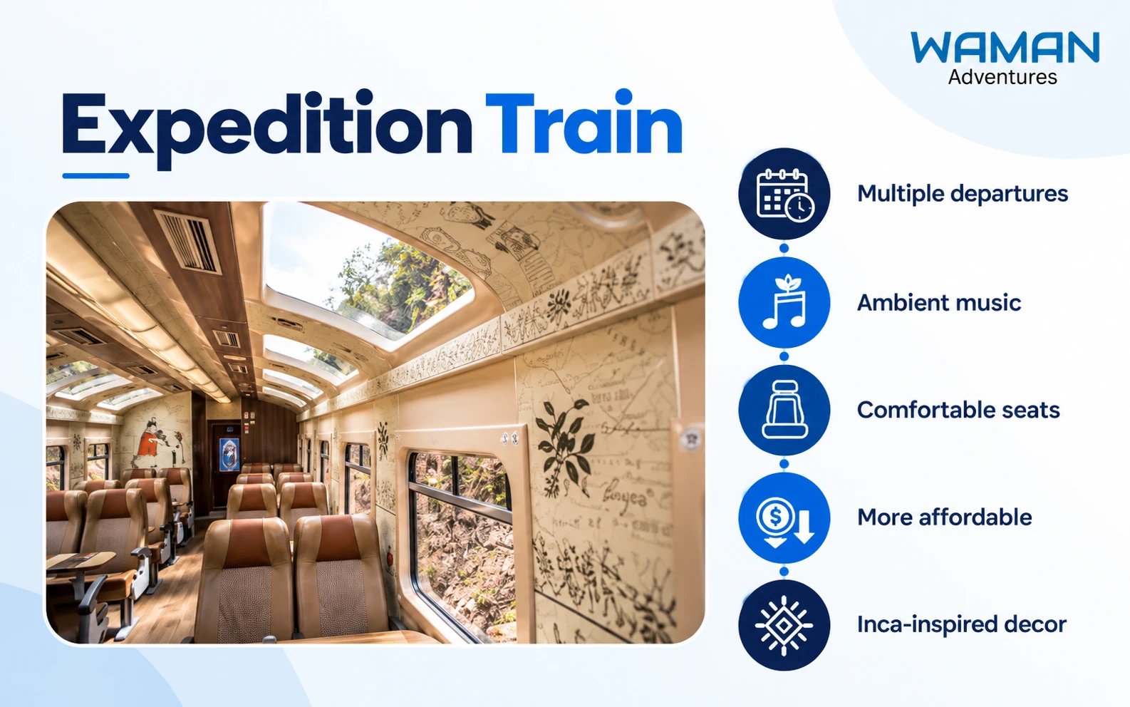 Interior details and seating features of the PeruRail Expedition tourist train traveling to Machu Picchu Pueblo