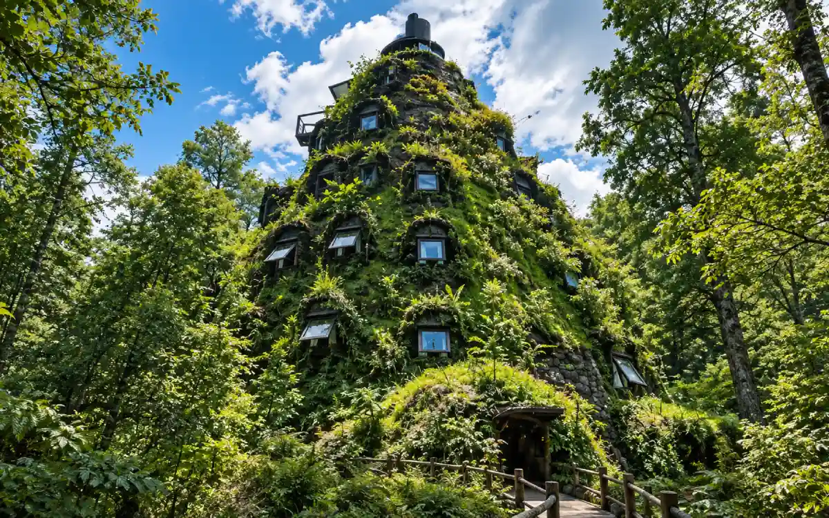 Hotel Montaña Mágica Lodge cubierto de vegetación en la Reserva Biológica Huilo Huilo