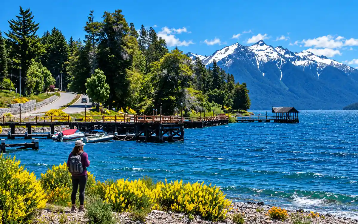 Viajera observando el Lago Traful rodeado por montañas y bosques de la Patagonia argentina