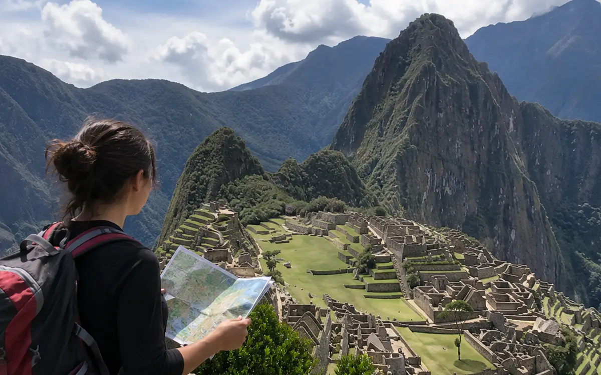 Frente a las antiguas terrazas incas, una turista organiza su recorrido mientras contempla la inmensidad del paisaje.