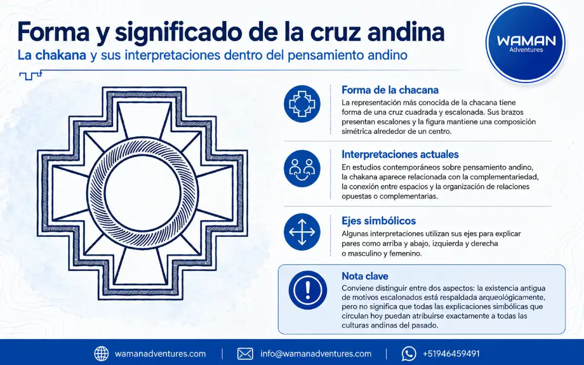 Infografía sobre la forma escalonada y las principales interpretaciones del significado de la chakana andina