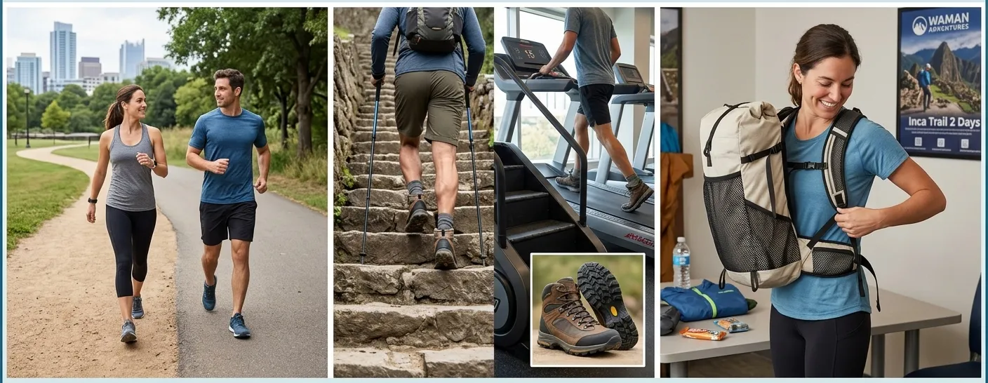 Collage of travelers building endurance, training on stairs, using hiking footwear and preparing a backpack for the Short Inca Trail.