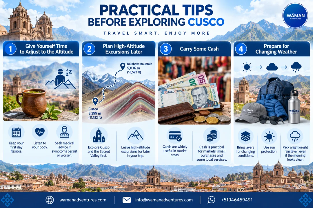 Infographic with practical Cusco travel tips covering acclimatization, high-altitude excursions, carrying cash and preparing for changing weather conditions.