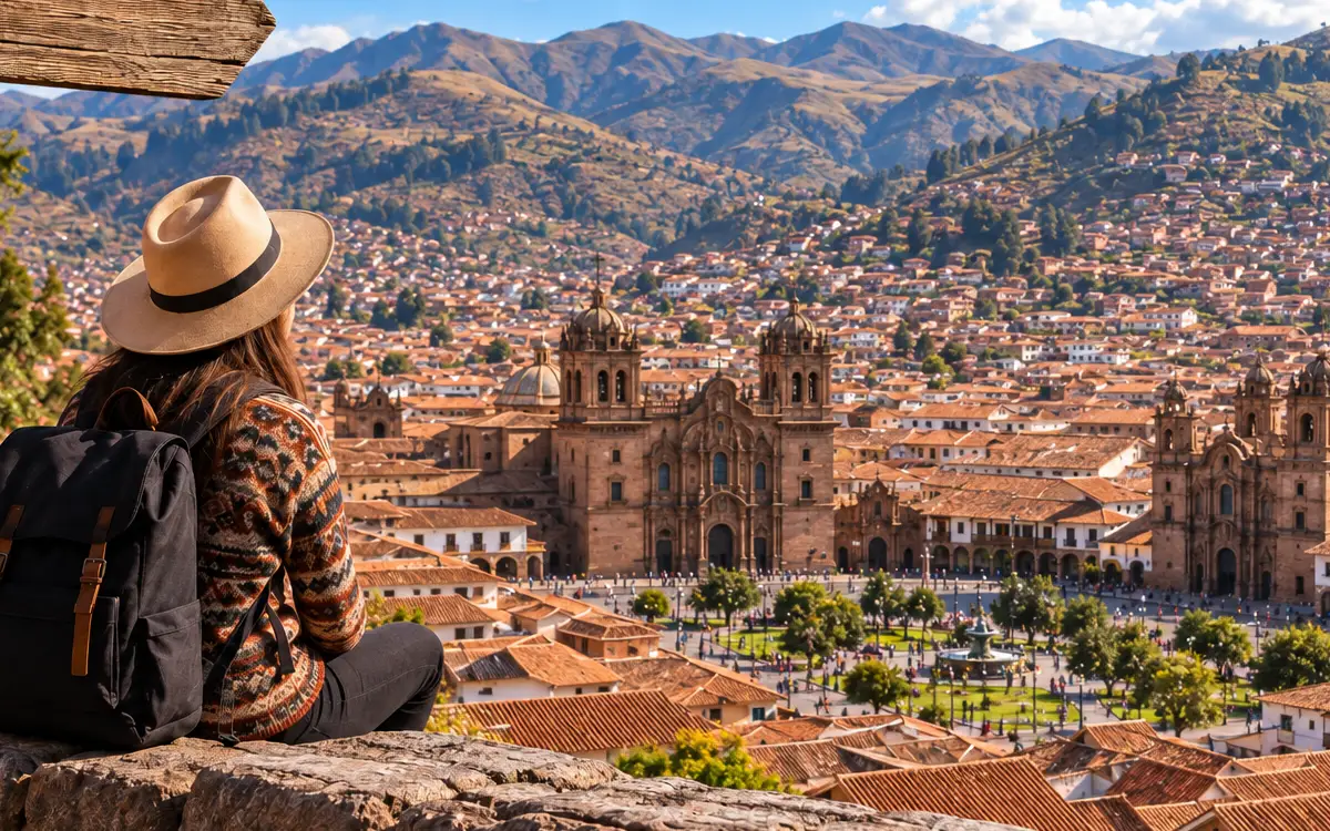 La ciudad aparece frente a la viajera como un paisaje de iglesias, calles y viviendas que cubren las laderas andinas.