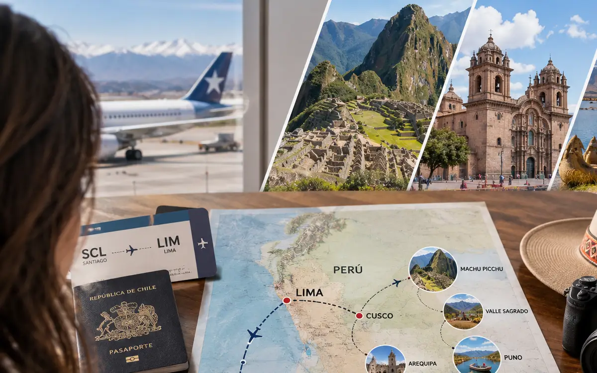 La imagen muestra cómo los Itinerarios a Perú desde Chile pueden combinar Lima, Machu Picchu, Titicaca y Huacachina.