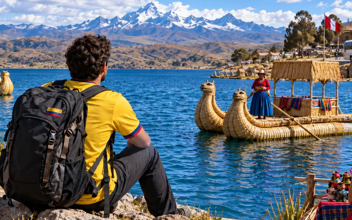 El turista observa el lago Titicaca con montañas al fondo y elementos tradicionales de la cultura local.