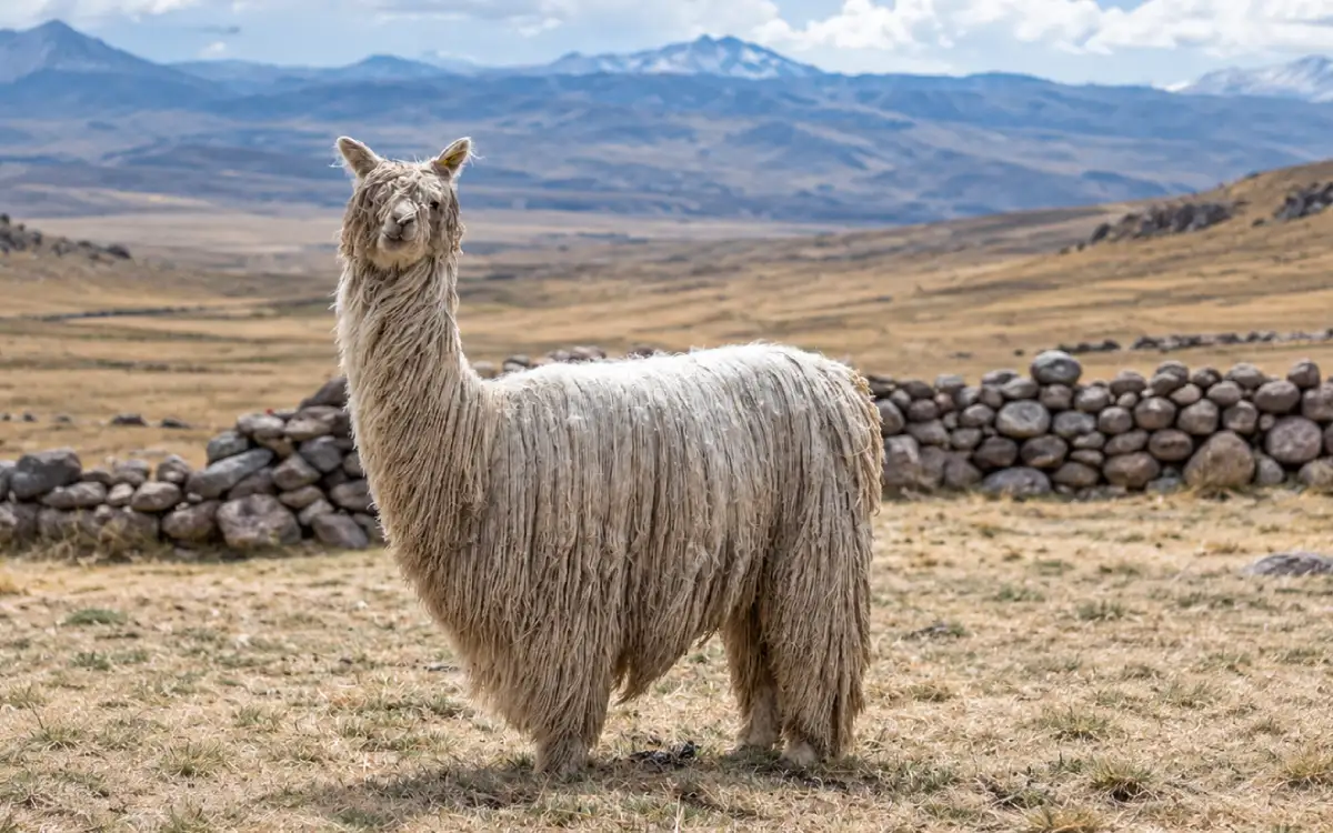 Alpaca Suri con fibra larga y sedosa en un paisaje de los Andes