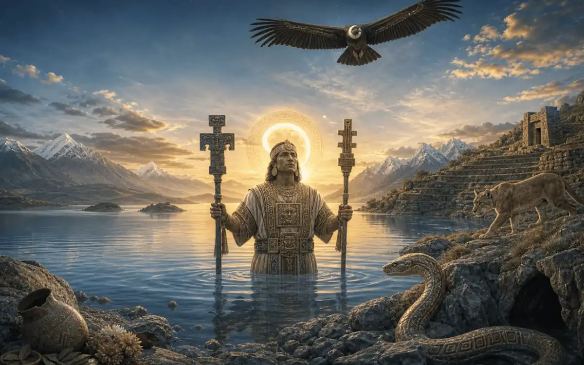 Representación artística de Wiracocha junto al lago Titicaca dentro de un paisaje andino