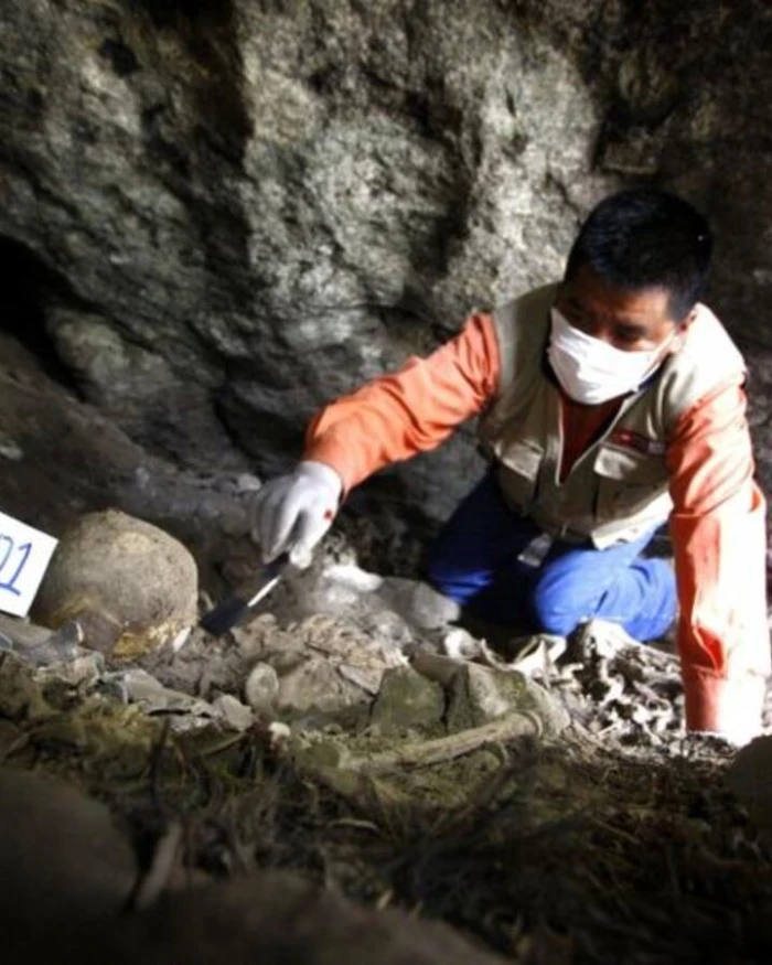 Arqueólogo examinando restos humanos durante una excavación en un entorno de Machu Picchu