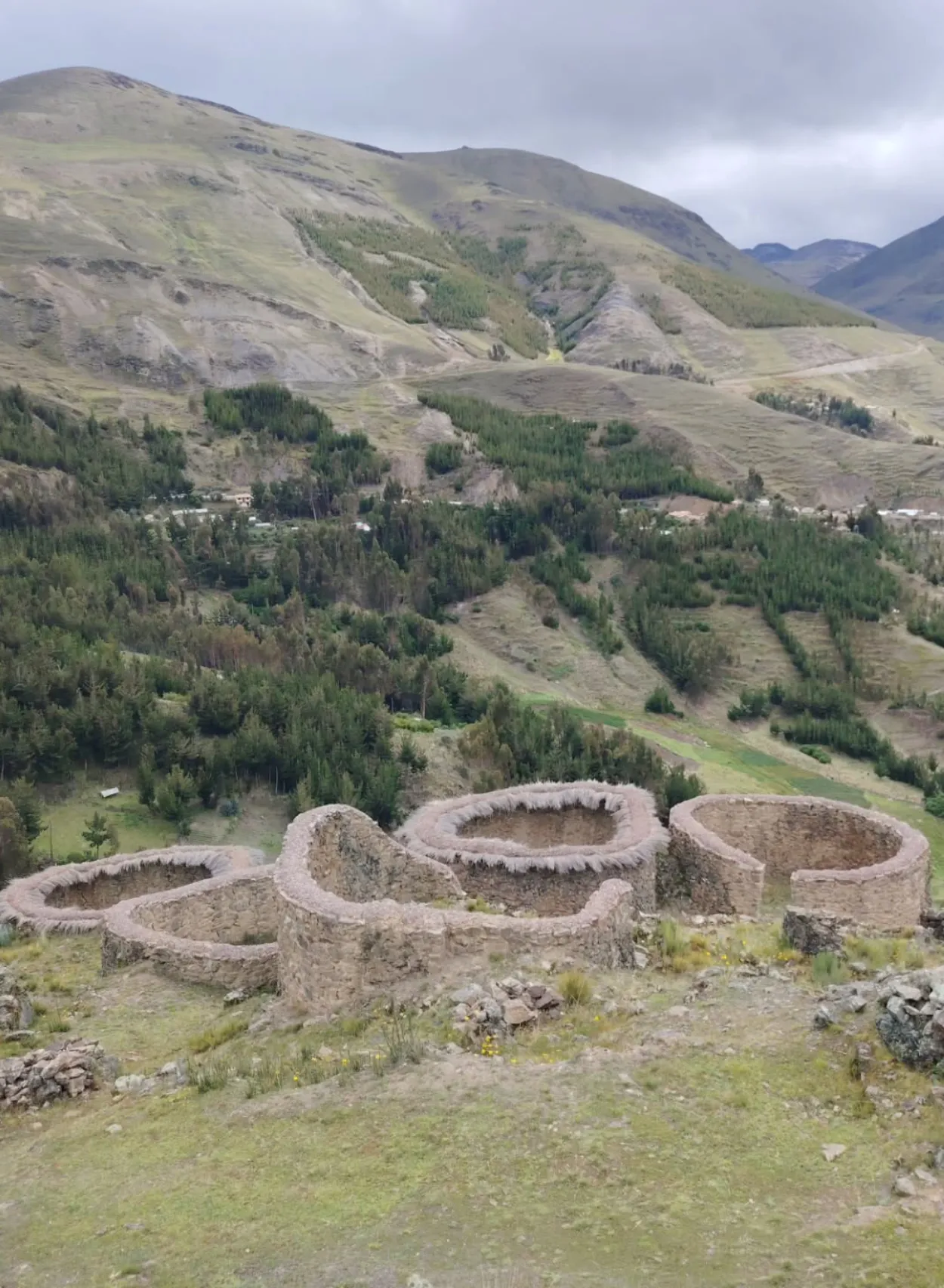 Circular stone structures at the Ancasmarca archaeological site, surrounded by Andean slopes and vegetation in the Cusco region of Peru.