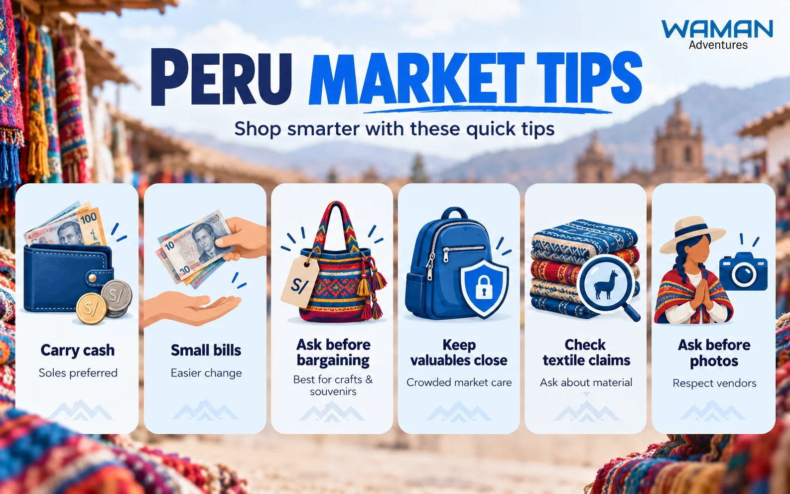Cusco market shopping infographic with cash bargaining valuables and textile tips