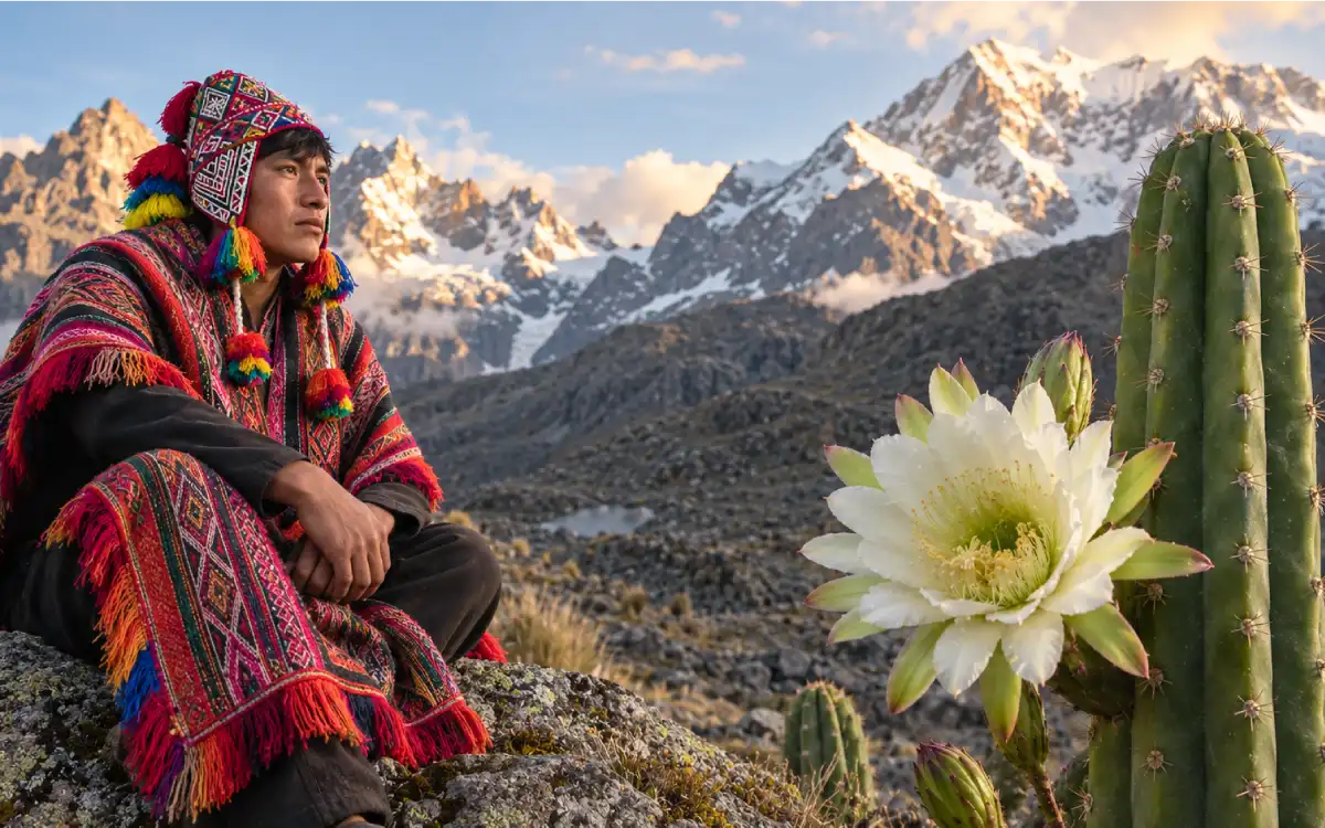 Hombre con vestimenta andina sentado junto a una planta de Wachuma en los Andes