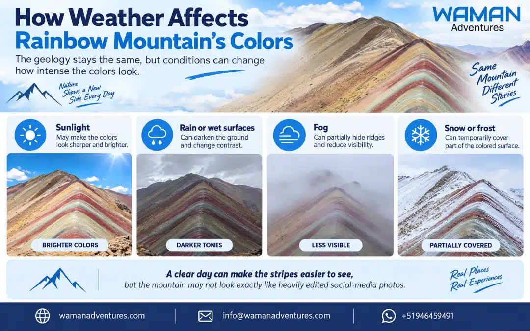 Infographic showing how sunlight, rain, fog and snow affect Rainbow Mountain color visibility