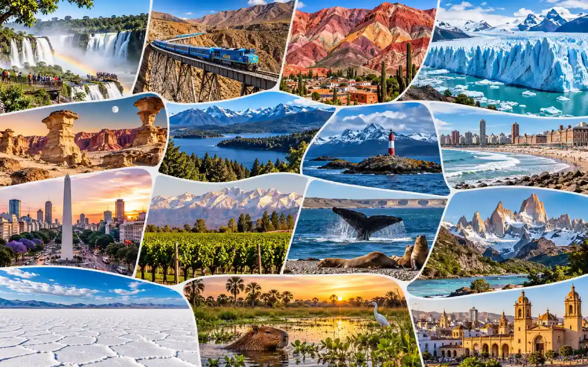 Collage dinámico de 15 lugares turísticos de Argentina