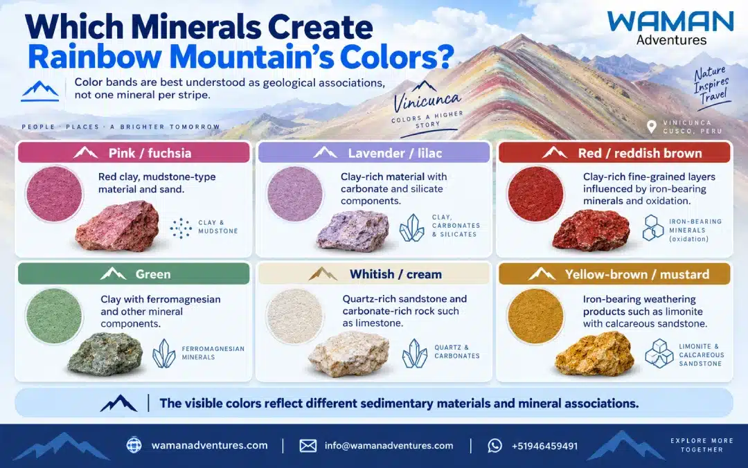 Infographic linking Vinicunca’s visible colors with common sedimentary materials and mineral associations