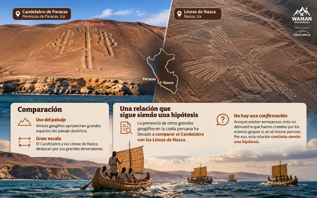 Infografía comparativa del Candelabro de Paracas y las Líneas de Nazca en Perú
