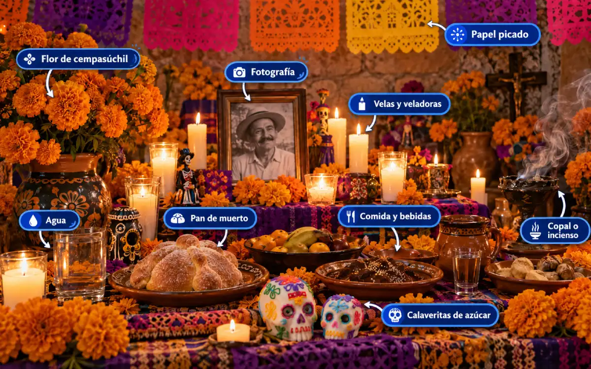 Infografía con los principales elementos de una ofrenda tradicional de Día de Muertos